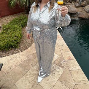 Eloquii Silver Sequence Wide Leg Jumpsuit; Size 22